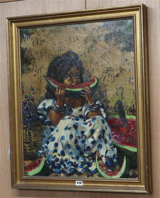 Spanish School, oil on canvas, Girl eating watermelon, indistinctly signed, 64 x 53cm